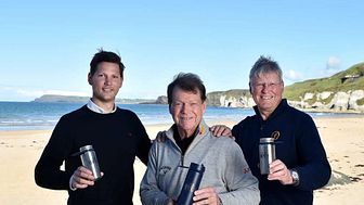 ​Bluewater联合创始人兼首席执行官Anders Jacobson，与全球公开大使Tom Watson、R&A首席执行官Martin Slumbers于Portrush共同推出“Open Water”计划。