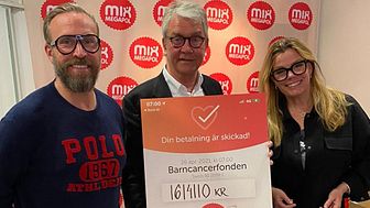 Jakob Öqvist och Gry Forssell lämnar över de insamlade pengarna från Mix Megapol till generalsekreteraren för Barncancerfonden, Thorbjörn Larsson. 