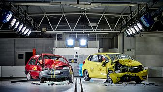 Euro NCAP 20th - the 1997 Rover 100 & a current Honda Jazz post-crash test. The Rover ‘safety cell’ is severely compromised, the driver compartment of the Jazz remains intact