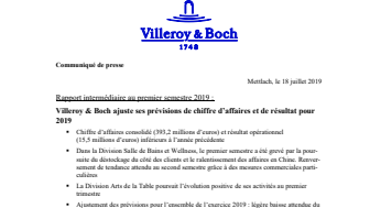 Rapport intermédiaire au premier semestre 2019 : Villeroy & Boch ajuste ses prévisions de chiffre d’affaires et de résultat pour 2019