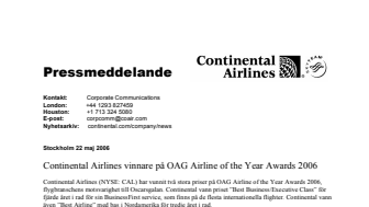 Continental Airlines vinnare på OAG Airline of the Year Awards 2006
