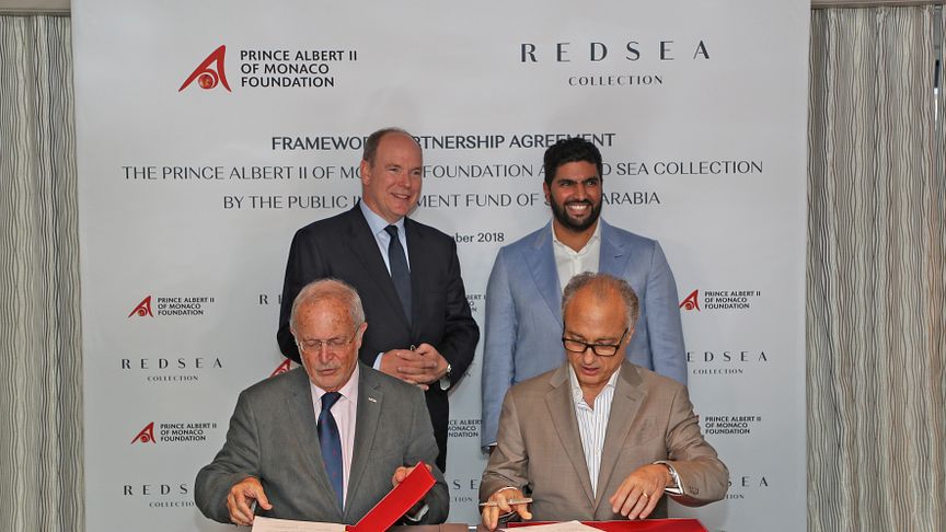 The signing ceremony between Red Sea Collection by The Public Investment Fund of Saudi Arabia and Prince Albert Foundation - a framework agreement on sustainability and marine conservation aims