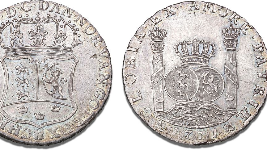 Denmark, Piaster 1771, Copenhagen, H 21, S 6, FP 32, Dav. 411A. Kurt Guldborg’s collection. Estimate: DKK 350,000.