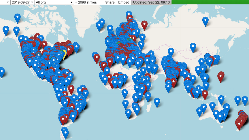Kartan över klimatstrejker och manifestationer 27 sept (uppdateras löpande här: https://www.fridaysforfuture.org/events/map?c=+All+countries&d=2019-09-27&o=all)
