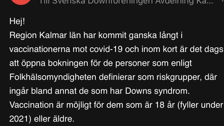 Kalmar län börjar vaccinera fas 3  Svenska Downföreningen