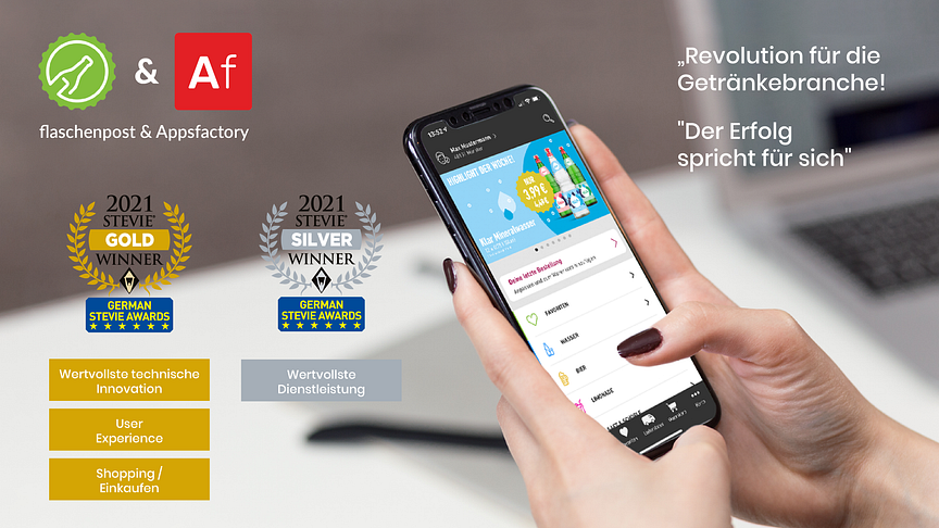 Vierfache Gewinner des German Stevie Award 2021 - Appsfactory und flaschenpost