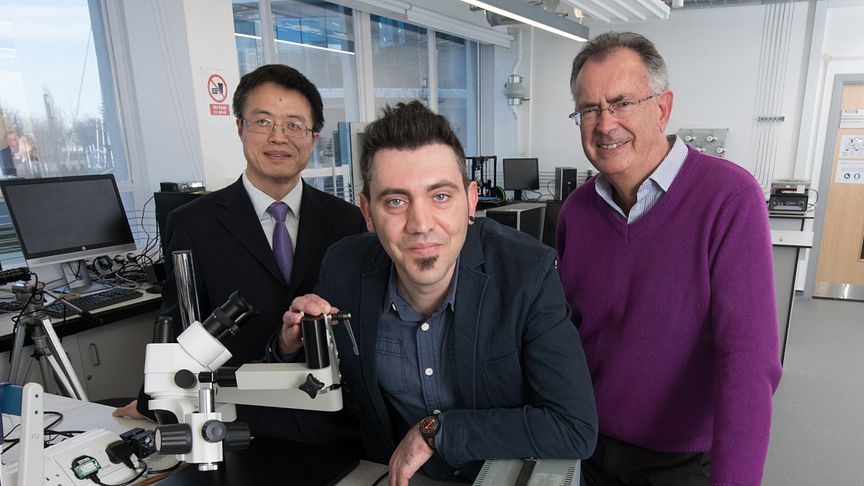From l-r:  Professor Richard Fu and Dr Pep Canyelles Pericas of Northumbria University and Epigem Managing Director Dr Tim Ryan