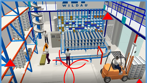 Simulierte Indoor-Lokalisierung am Beispiel des Logistik-Praxislabors der TH Wildau. (Grafik: TH Wildau)