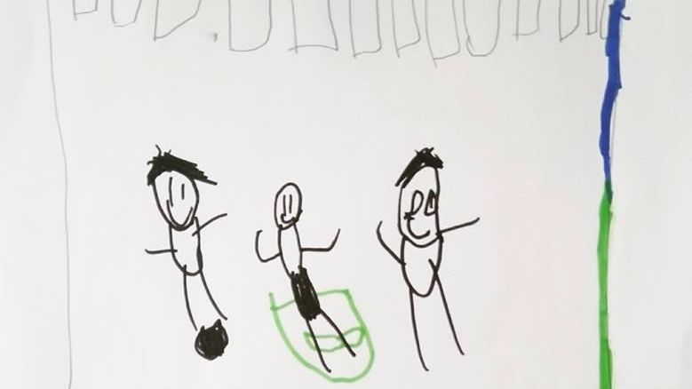 Teckning av 7-årig pojke som saknar sin pappa som är i fängelse och vars högsta önskan var att få spela fotboll med honom.