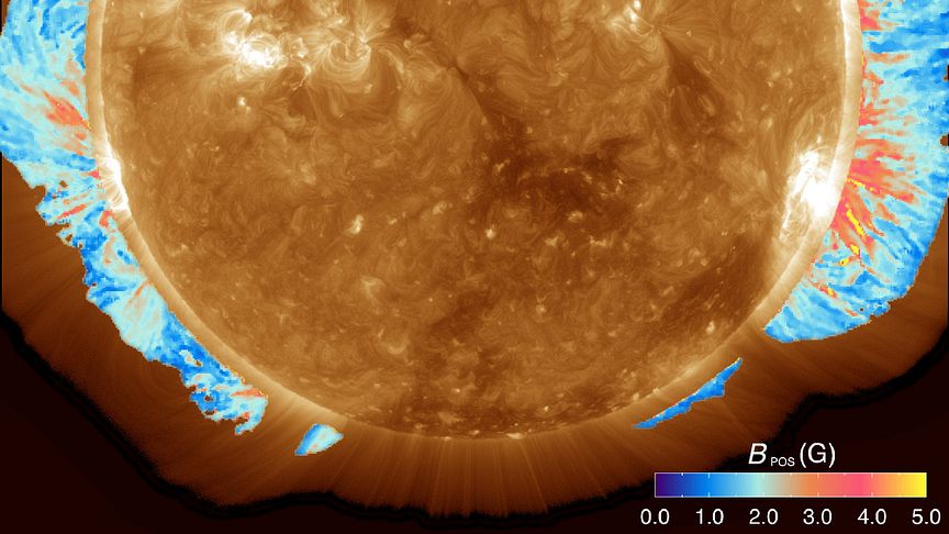 A map of the coronal magnetic field strength superimposed on a coronal image taken by the AIA instrument on the Solar Dynamics Observatory (Yang et al. 2020, Science).