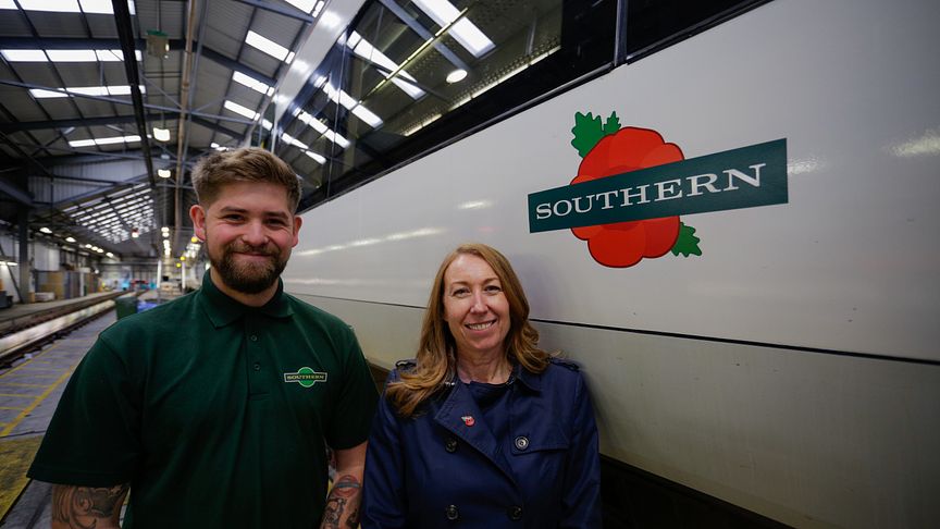 Southern and Gatwick Express Managing Director Angie Doll launched the commemorative train from the Selhurst depot, pictured with Service Engineer Lee Paine - MORE IMAGES AVAILABLE TO DOWNLOAD BELOW