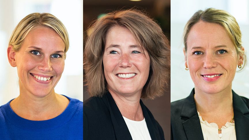 Fr v Karolina Brick, hållbarhetschef, Johanna Frelin, vd, och Lina Öien, chef Enheten för Hållbar Utveckling.