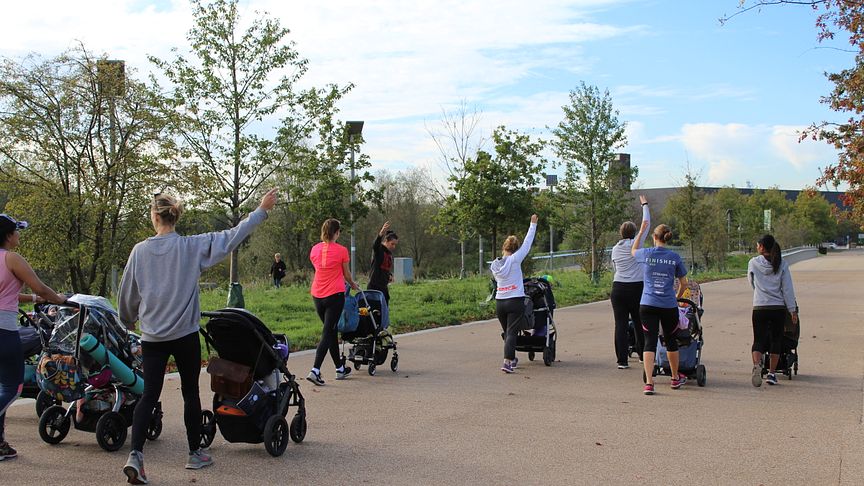 A buggy-fit session takes place in the Queen Elizabeth Olympic Park