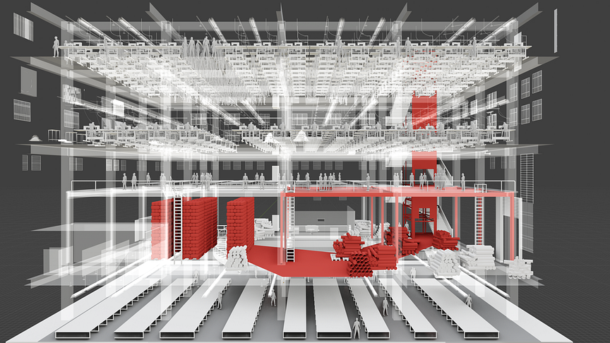 3D-modell av Ali Enterprises textilfabrik i Karachi, Pakistan, där de röda områden indikerar spridningen av branden. Bild: Forensic Architecture, 2019