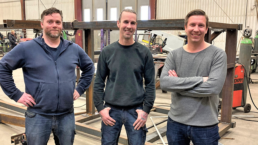 Thomas Laugren (teknisk servicechef), Jonas Lauritzen (verkstadschef) och Sami Järvenpää (VD) på Reppu ser fram emot att bli en del av Jernbro