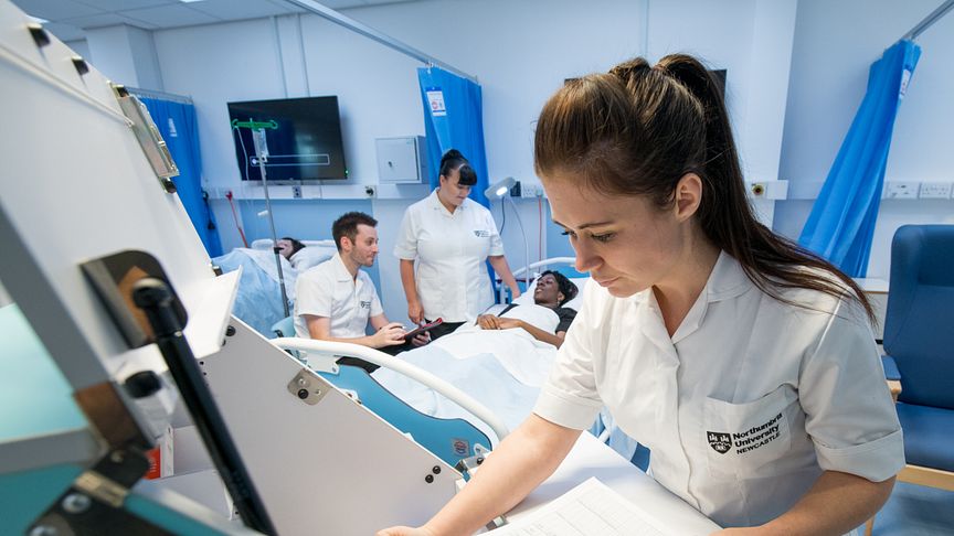 Some of the 18-month nursing degree apprentices undergoing their training in Northumbria University’s Clinical Skills Centre.