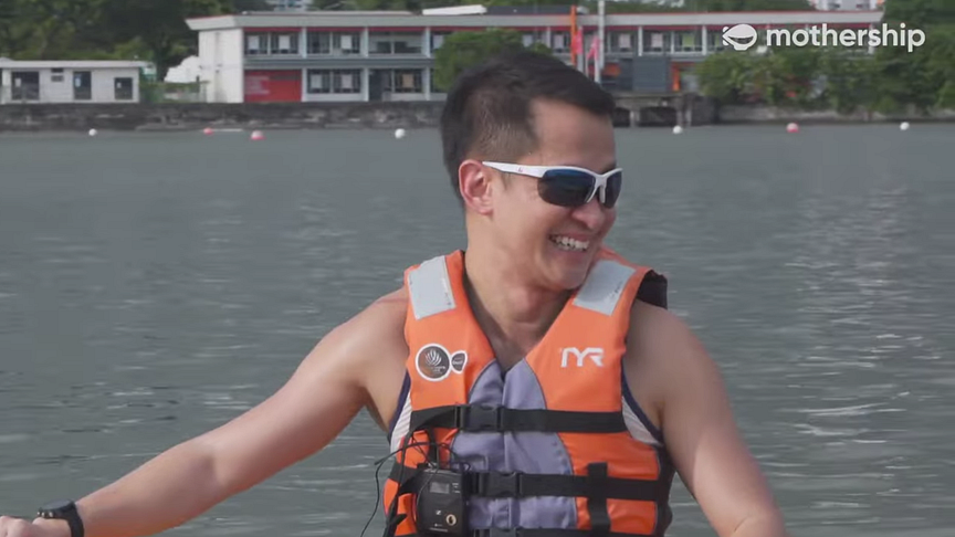 Lionel Yeo, CEO of Singapore Sports Hub, taking part in an interview in a kayak with Mothership