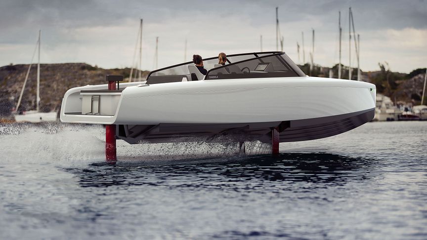Candela C-8 flies on computer-guided hydrofoils. With a top speed of 30 knots and a cruise speed of 24 knots, it rivals fossil fuel powerboats in terms of performance while offering a whisper quiet ride and far better comfort.