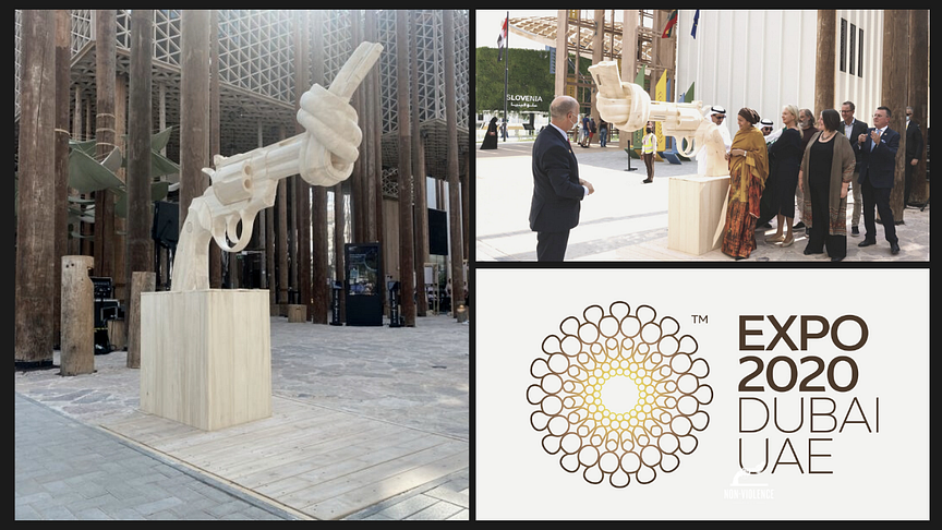 The Non-Violence Project Foundation unveils a wooden and world’s biggest Knotted Gun replica at the 2020 Expo in Dubai