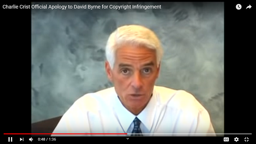 SCREENSHOT: Charlie Crist’s YouTube apology to David Byrne