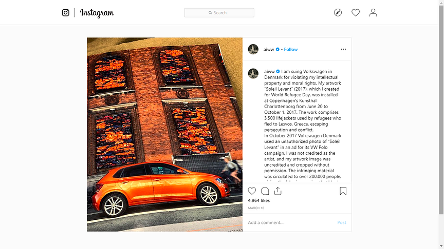 A screenshot of the Instagram post by Ai Weiwei about his lawsuit against Volkswagen