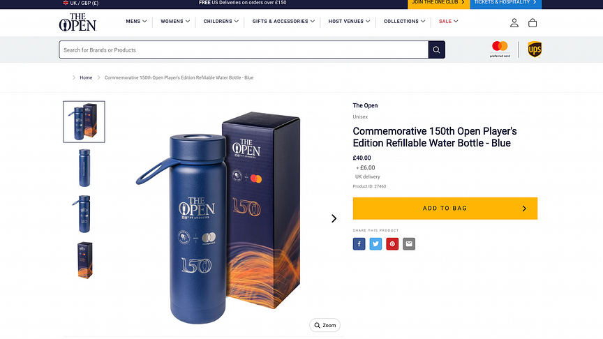 Golf fans can now buy their bespoke, 150th the Open Limited Edition sustainable Bluewater bottles at The Open online webshop
