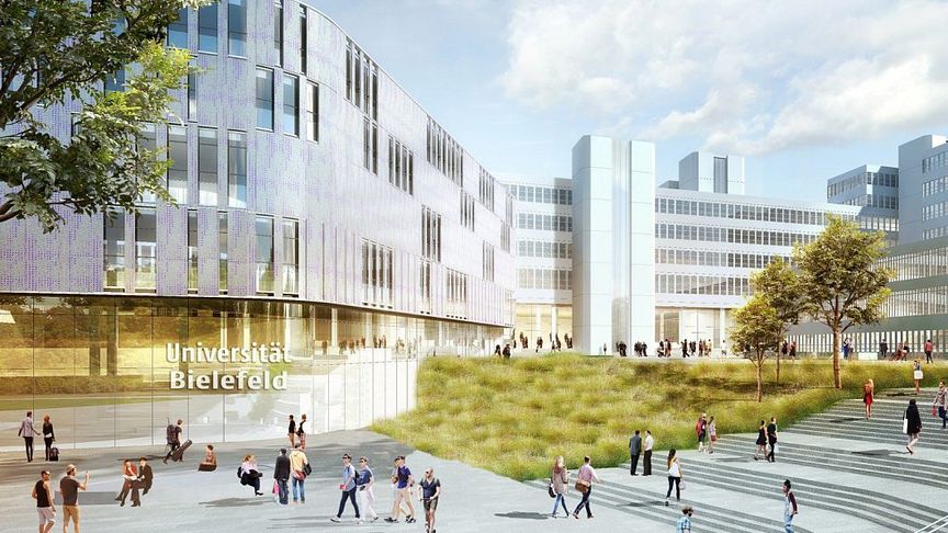 Visualisierung des zukünftigen Haupteingangsbereich mit Neubau der Universität Bielefeld (Copyright: BLB NRW)