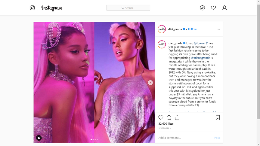 A screenshot of Diet Prada's story on the dispute between Ariana Grande and Forever 21