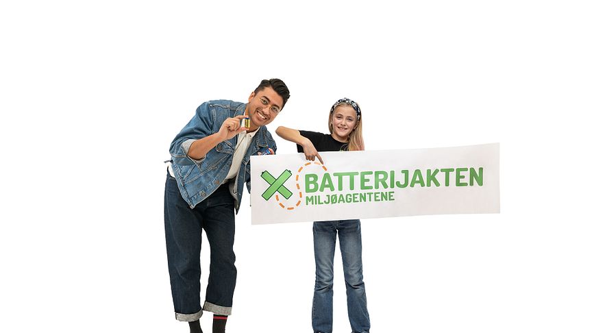 Miljøagent Iben (9år) og Batterijakten-ambassadør Stian Sandø. Montasje: Miljøagentene