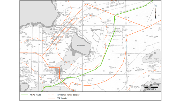Figur: Kort over Nord Stream 2 ruteføring over dansk kontinentalsokkel. Kilde: Nord Stream 2 AG.