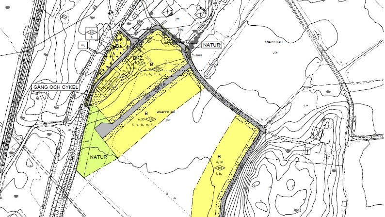 Plankarta för förslaget till ny detaljplan. Gul markering visar var de nya husen ska kunna byggas. 