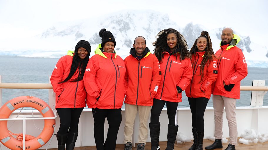 Hurtigruten Group's new Black Traveler Advisory Board, in Antarctica, from left: Naledi Khabo, Stephanie M. Jones, Kareem George, Rue Mapp, Martinique Lewis, and Anthony Gould  (March 2022)