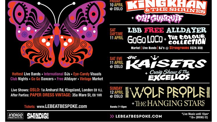 Le Beat Bespoké 2020: London Easter Weekend w/ King Khan & The Shrines, The Kaisers, Wolf People and many more