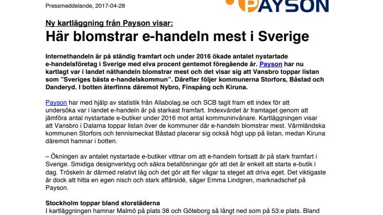 Ny kartläggning från Payson visar: Här blomstrar e-handeln mest i Sverige