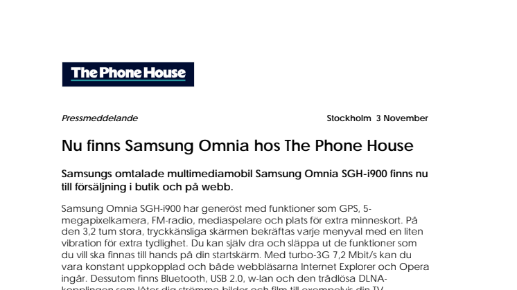 Nu finns Samsung Omnia hos The Phone House 