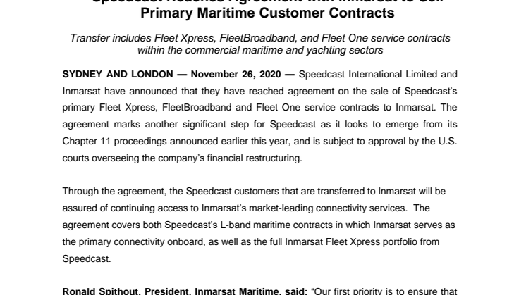 Speedcast Reaches Agreement with Inmarsat to Sell Primary Maritime Customer Contracts