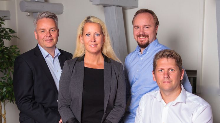 Patrik Falk, vd, Therese Öhman, operativ chef och grundarna Per Andersson och Kenneth Engström.  FOTO: Sandra Englund