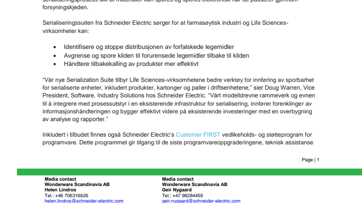 Schneider Electric lanserer serialiseringssuite for Life Sciences-virksomheter