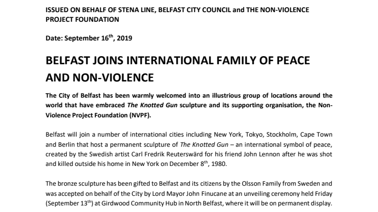 Belfast City joins international family of non-violence and peace