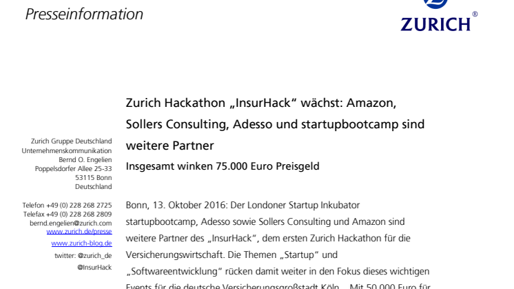 Zurich Hackathon „InsurHack“ wächst: Amazon, Sollers Consulting, Adesso und startupbootcamp sind weitere Partner - Insgesamt winken 75.000 Euro Preisgeld
