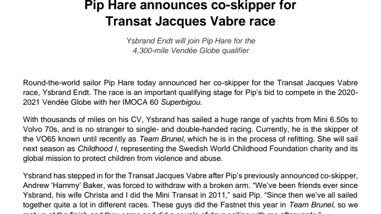 Pip Hare announces co-skipper for Transat Jacques Vabre race