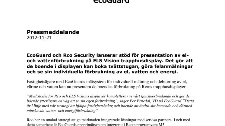 EcoGuard och Rco Security lanserar stöd för presentation av el- och vattenförbrukning på ELS Vision trapphusdisplay.