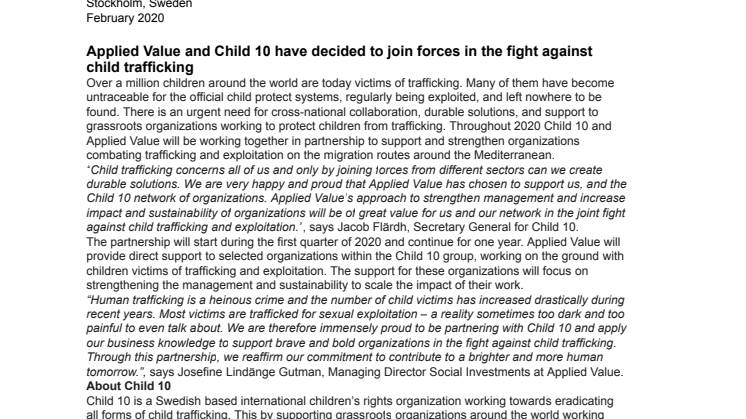Applied Value and Child 10 have decided to join forces in the fight against child trafficking