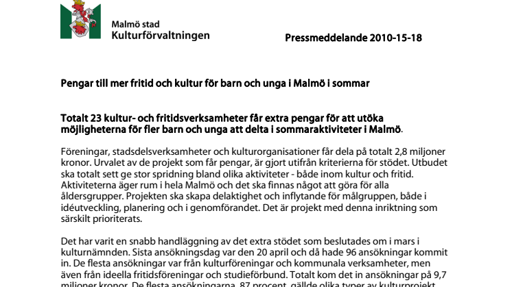 Pengar till mer fritid och kultur för barn och unga i Malmö i sommar