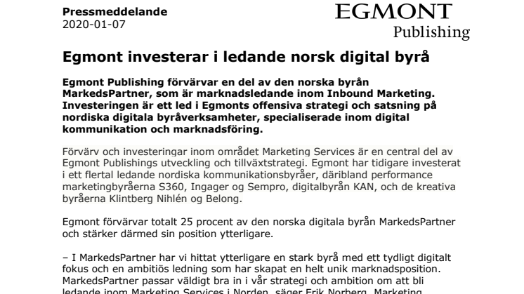 Egmont investerar i ledande norsk digital byrå