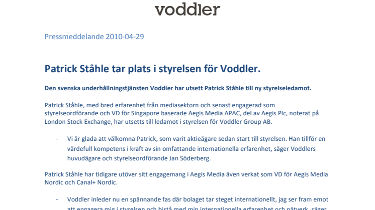 Patrick Ståhle tar plats i styrelsen för Voddler.