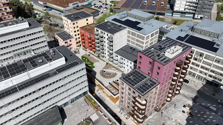 Umami Park i Sundbyberg är ett av flera områden där solceller har monterats på taken. Ett av flera initiativ som har bidragit till att minska Wallenstams CO2-utsläpp gällande energianvändning.