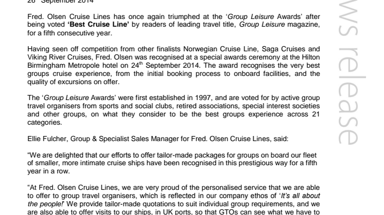 Fred. Olsen Cruise Lines voted ‘Best Cruise Line for Groups’ for fifth consecutive year at the ‘Group Leisure Awards 2014’
