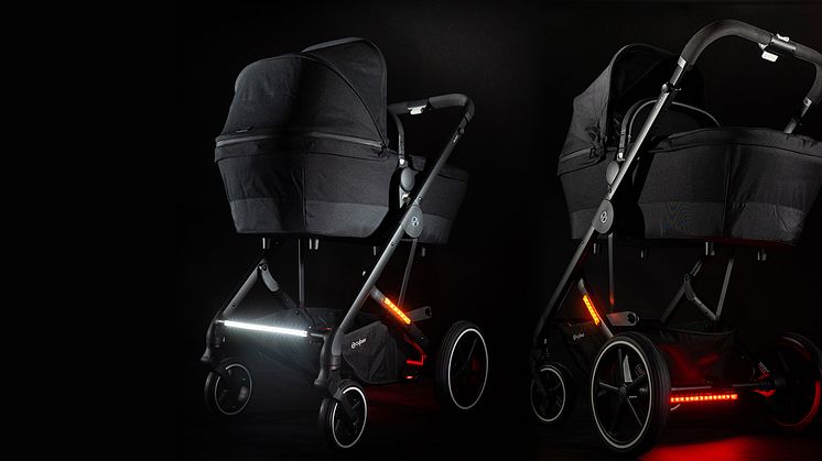 Barnvagn som lyser upp med Ledsons barnvagnsbelysning.