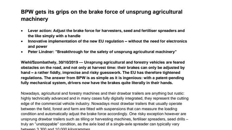 BPW gets its grips on the brake force of unsprung agricultural machinery 